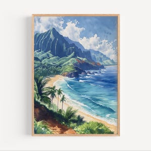 Kauai Watercolor Painting, Hawaii Poster or Canvas Giclée Print, Tropical Jungle Mountains Travel Wall Art Gift, Hawaiian Beach Wall Decor