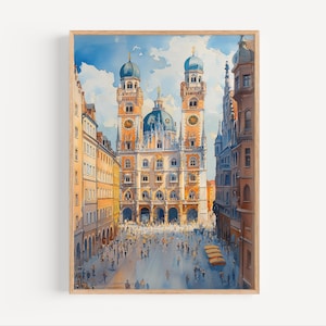 München Deutschland Aquarell Malerei, München Bayern Deutsche Architektur Stadtbild Reise Poster Druck oder Leinwand, Bayerische Wand Kunst Geschenk