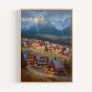 May include: A framed landscape painting depicts a village nestled in a valley beneath snow-capped mountains. The artwork features wooden houses with lit windows, suggesting a warm, inviting atmosphere. The color palette includes blues, greens, and warm earth tones.