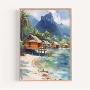 May include: Watercolour painting of a tropical scene with overwater bungalows, palm trees, and mountains. The artwork shows a sandy beach, clear turquoise water, and a wooden frame.