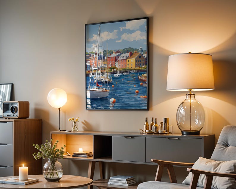 May include: A framed art print depicts a harbor scene with sailboats and colorful buildings. The artwork features a blue sea, white sailboats, and buildings with red, yellow, and brown facades. The print is displayed in a living room setting.