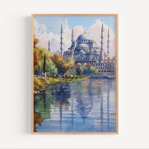 Istanbul Watercolor Painting, Istanbul Travel Poster or Canvas Print, Istanbul Turkey Wall Art Gift, Istanbul Skyline Blue Mosque Art Print