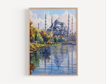 ブルーモスクの水彩画、トルコの壁画、イスタンブールの街並みの絵画
