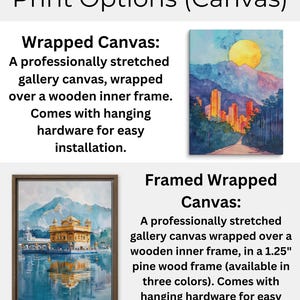 May include: Two examples of canvas prints. The first is a wrapped canvas print of a cityscape with a yellow sun in the sky. The second is a framed wrapped canvas print of a golden temple reflected in a body of water.