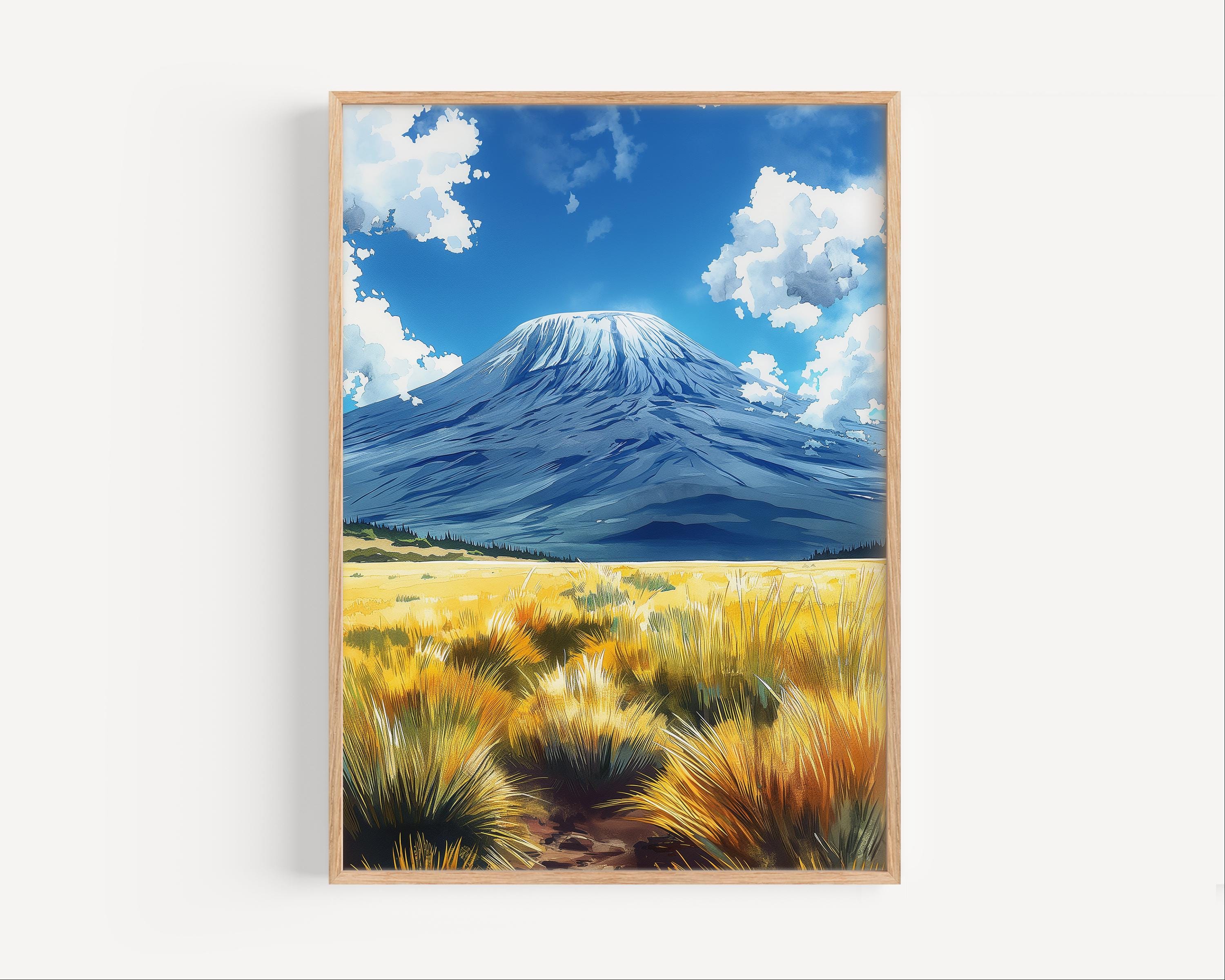 Mount Kilimanjaro Tanzania Watercolor Painting, African Volcano