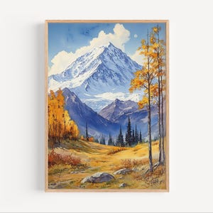Pintura de acuarela del Parque Nacional Denali, póster o lienzo del Monte McKinley, impresión de viaje a Alaska por Denali, regalo de arte mural de Denali, arte alpino