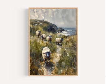 Sheep Grazing on Irish Coast Watercolor Painting, Ireland Coastal Cliffs Travel Poster or Canvas Print, Earth Tones Painting Wall Art Gift