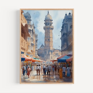Peinture à l'aquarelle de marché de rue de la vieille ville de Lahore, impression d'affiche de ville fortifiée de Lahore ou cadeau d'art mural de voyage de toile, impression d'art de Lahore Pakistan