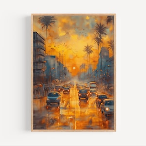 Kinshasa Sunset Watercolor Painting, Democratic Republic of Congo African Cityscape Travel Wall Art Poster Print or Canvas Travel Decor Gift
