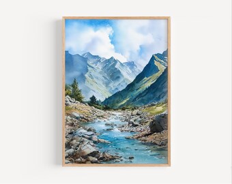 Zwitserse Alpen aquarel print, Zwitserse Alpen poster of canvas print, Alpine Creek Zwitserland bergen kunst, Zwitserland reizen schilderij print