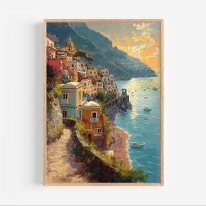 Positano Italy Seaside Oil Painting Print, Italy Coast Beach Travel Poster Print or Canvas Italian Artwork Wall Art Gift Italy Souvenir Gift