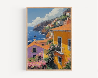 Pintura al óleo de Funchal, Portugal, isla de Madeira, Portugal, póster de viaje, impresión o lienzo, arte mural de la isla portuguesa, recuerdo, regalo, estilo pintura al óleo