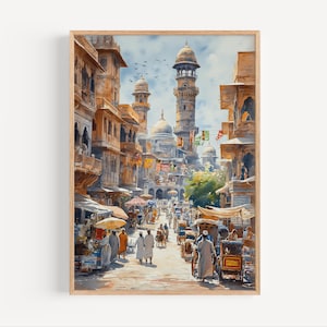 Pintura de acuarela de Karachi, Pakistán. Póster impreso o lienzo de una bulliciosa calle de ciudad de Pakistán, arte mural de viaje, paisaje urbano del sur de Asia.