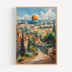 Jerusalem Watercolor Painting, Jerusalem Poster or Canvas Print, Jerusalem Wall Art Gift, Jerusalem Travel Art, Historical Biblical Art Gift