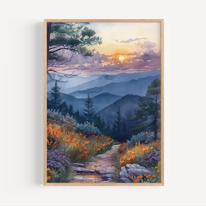 Shenandoah National Park Sunset Watercolor Painting, Blue Ridge Mountain Wildflowers Poster or Canvas Print Appalachian Travel Wall Art Gift