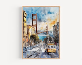 Pintura de acuarela del Puente Golden Gate de San Francisco, póster de arte mural, impresión o lienzo, decoración de viaje a California, regalo de arte histórico