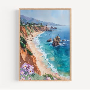 Laguna Beach Watercolor Painting, California Beach Town Wall Art Poster or Canvas Print USA Cali Art, Laguna Beach Wildflowers Travel Gift