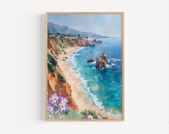 Laguna Beach Watercolor Painting, California Beach Town Wall Art Poster or Canvas Print USA Cali Art, Laguna Beach Wildflowers Travel Gift