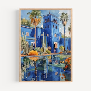 Jardin Majorelle Marrakesch Marokko Aquarell Malerei Afrika Reise Wand Kunst Poster oder Leinwand Ölfarbe Stil Reise Dekor Geschenk Palme