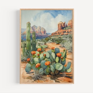 Sedona Wüste Arizona Aquarell Malerei, Wüste Berge Poster Druck oder Leinwand Reise Kunstwerk Kakteen, Kaktus Wand Kunst Geschenk, Red Rock Kunst