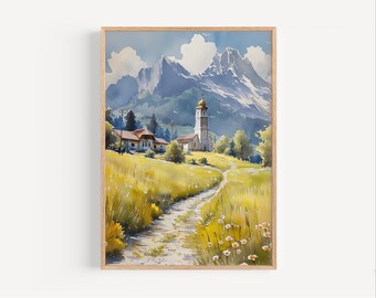 Montana Aquarellmalerei, Montana Mountain Town Poster oder Leinwanddruck, Montana Wandkunst Geschenk, Montana Big Sky Country Kirchenwandkunst