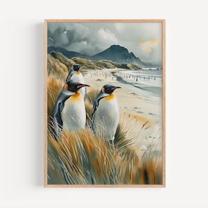 Pintura de acuarela de pingüinos de las Islas Malvinas, póster o impresión en lienzo de las Islas Malvinas, arte mural, estilo mapa de las Islas Malvinas