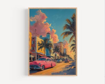 Miami Florida in the 1960s Oil Painting Giclée Print, Old Florida Retro Colorful Travel Poster or Canvas, FL Wall Art Gift, Oil Paint Style