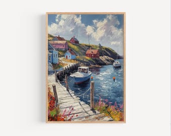 May include: A framed painting depicts a coastal scene with a wooden pier extending into the water. Colorful houses with red roofs dot the hillside under a cloudy sky. A small boat is docked at the pier, and two sailboats are in the water.