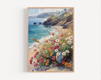 Aquarelle de fleurs sauvages de Santorin, affiche d'art mural fleurs en bord de plage de l'île grecque ou impression sur toile Grèce Nature cadeau d'art mural floral