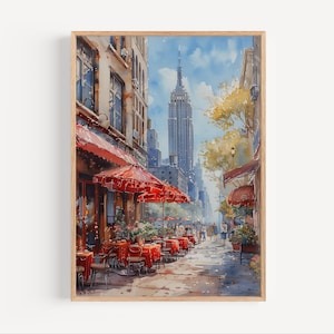Cafe in New York City Watercolor Painting Summer NYC City Street Wall Art Poster Print or Canvas Empire State Building Travel Decor Art Gift