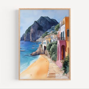 Capri Watercolor Painting, Capri Italy Travel Poster or Canvas Print, Capri Island Wall Art Gift, Capri Sorrento Poster, Tyrrhenian Sea Art