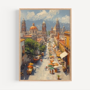 Mexico City Oil Painting, Wall Art Poster Print or Canvas, Mexican Street Vendors Urban Artwork Latin Travel Home Decor Oil Paint Style Gift