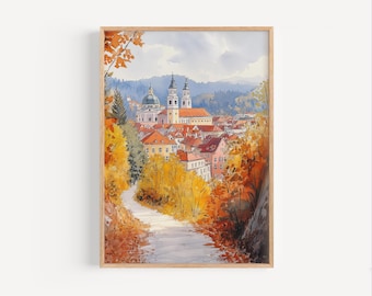 Ljubljana aquarel schilderij, Ljubljana reisposter of canvas print, Ljubljana Slovenië muur kunst cadeau, herfst Sloveense poster print kunst