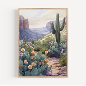 Feigenkaktus Blumen in Sedona Wüste Arizona Aquarell Rote Felsen Wüste Berge Poster Blumenkunst Geschenk