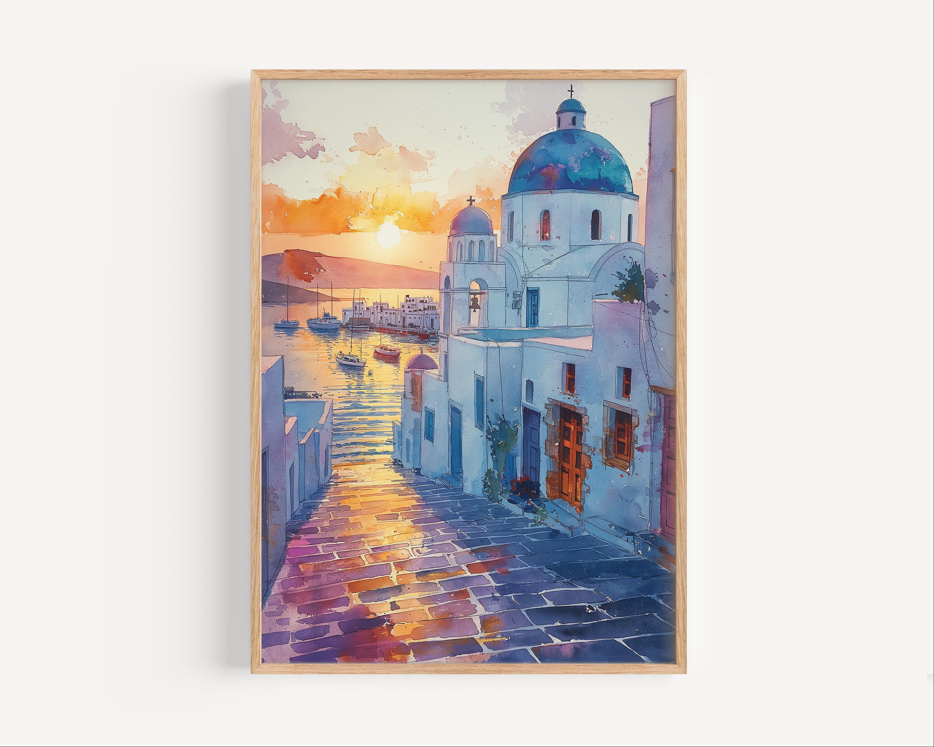 パロス島 ギリシャ 夕日 水彩画 ギリシャの島 旅行ポスター プリント