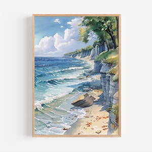 Lake Ontario Shoreline Cliffs Watercolor Painting, Canada Great Lake Poster Print or Canvas, Lake Ontario Wall Art Gift for Wedding Present
