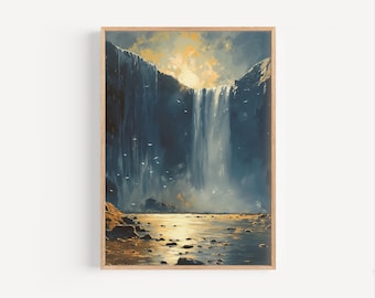 Iceland Waterfall Oil Painting, Icelandic Nature Natural Beauty Wall Art Poster Print or Canvas Artwork Scandinavian Travel Decor Gift