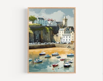 Tenby Wales Watercolor Painting Pembrokeshire Wales Seaside Travel Poster or Canvas Print Tenby Harbour UK Coastal Wales Beach Wall Art Gift