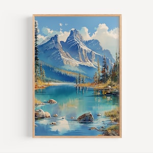 Banff Alberta Watercolor Painting, Canada Alpine Lake Canadian Rockies Wall Art Poster Print or Canvas Artwork Banff National Park Decor