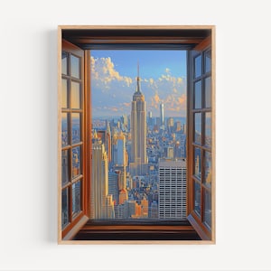 New York City Through Window Oil Painting, Empire State Building New York Travel Poster or Canvas Print, NYC Oil Paint Style Wall Art Gift