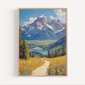 Grand Teton National Park Oil Painting, Wyoming Mountains Travel Poster or Canvas Print, Grand Teton Wall Art Gift Wyoming Oil Paint Style
