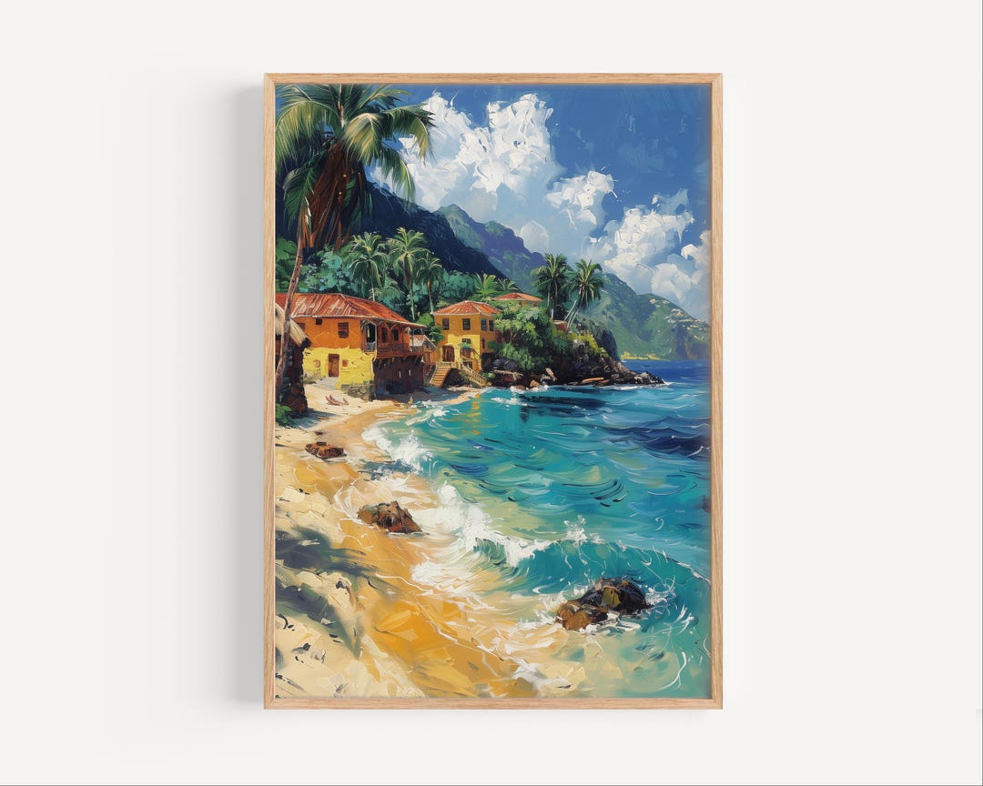 Saint Lucia Caribbean Island Oil Painting, Travel Poster Print or