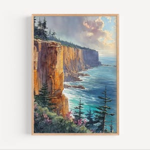 Otter Cliffs Maine Watercolor Painting, Acadia National Park Poster Print or Canvas Coastal Cliffs USA Travel Artwork Wall Art Gift Nature
