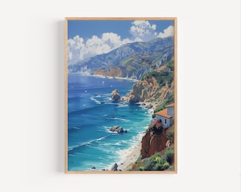 Pintura al óleo de la costa de Malibú, California, póster de viaje de las montañas de Santa Mónica, impresión o lienzo para pared, regalo, recuerdo de la escarpada costa de Los Ángeles, EE. UU.