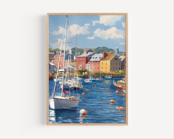 Newport Rhode Island Watercolor Painting, Aquidneck Island Maritime Poster Print or Canvas, USA Travel Seaside Town Wall Art Gift, Sailboats