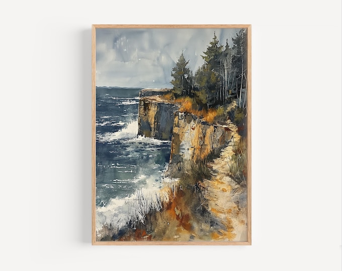 Lake Superior Shoreline Distressed Weathered Style Watercolor Painting, USA Lake Poster Print or Canvas, Minnesota, Michigan, Wall Art Gift