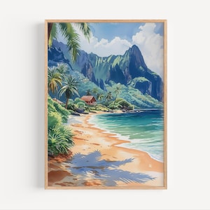 Pintura en acuarela de playa y montañas de Tahití, póster de viaje de la Polinesia Francesa, impresión o lienzo para pared, regalo, recuerdo de una isla tropical exuberante.