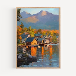 Lámina de pintura al óleo de Lake Placid, Nueva York; póster o lienzo de una cabaña junto al lago en las montañas Adirondack; cuadro decorativo de paisaje otoñal junto al lago.