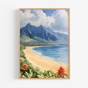 Hanalei Watercolor Painting, Hanalei Kauai Poster or Canvas Print Hanalei Hawaii Coastline Travel Gift Hanalei Kauai Wall Art Print Souvenir