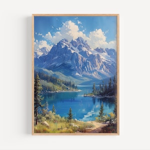 Banff Alberta Oil Painting, Canada Alpine Lake Mountains Wall Art Poster Print or Canvas Canadian Rockies Banff National Park Travel Decor